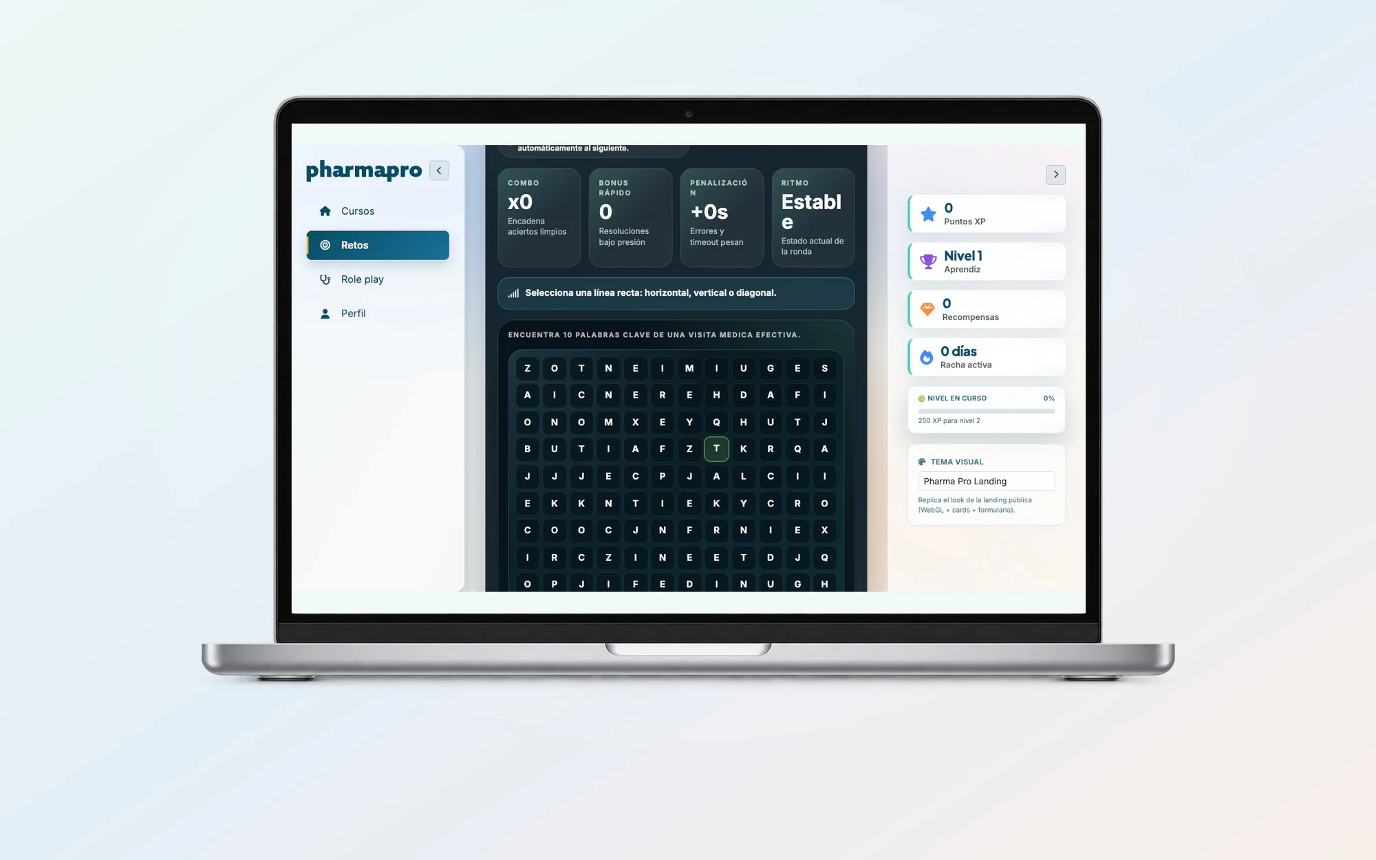 Tablero actualizado de sopa de letras de PharmaPro con estado de juego visible