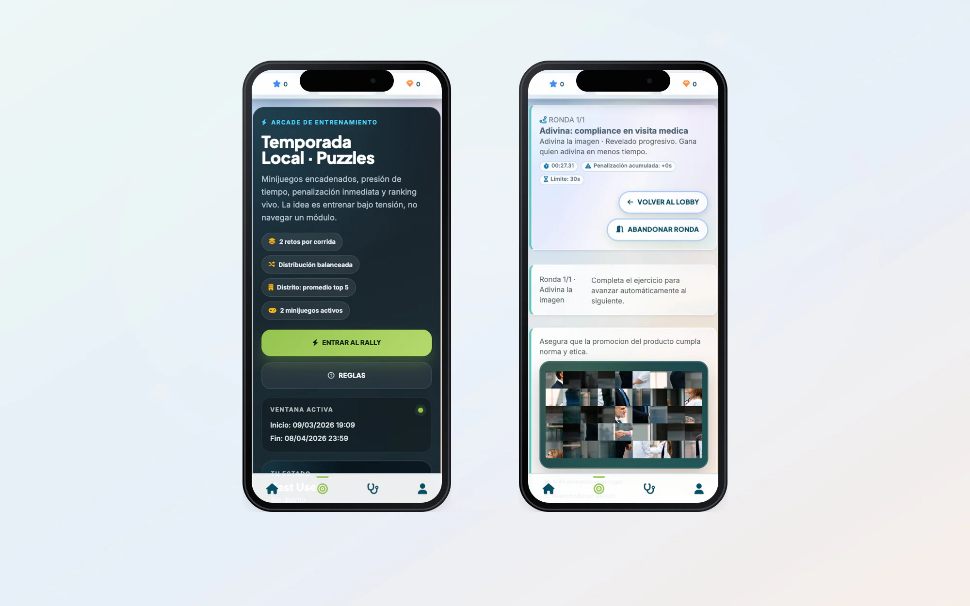 Lobby y juego Adivina la imagen de PharmaPro presentados en dos teléfonos